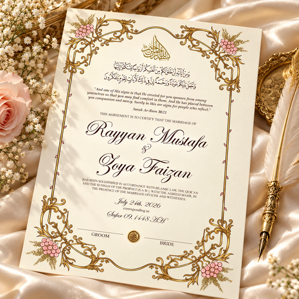 qaraar — hand-illustrated nikkah certificate by Wedstale