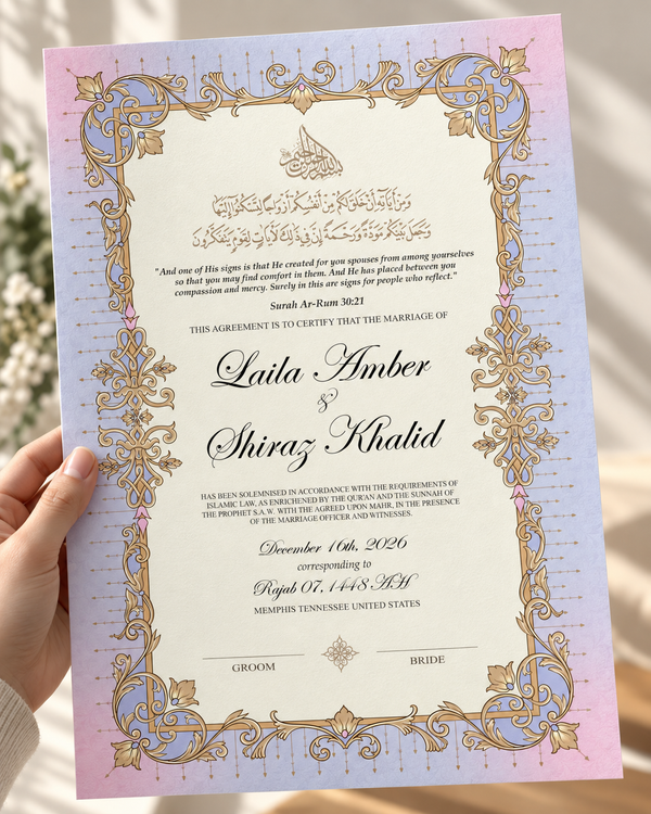 Bloom Pastel — hand-illustrated nikkah certificate by Wedstale
