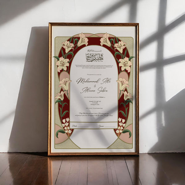 Mehro Wafa — hand-illustrated nikkah certificate by Wedstale