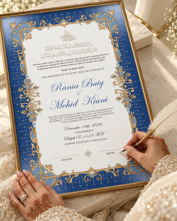 Bloom Blue — hand-illustrated nikkah certificate by Wedstale